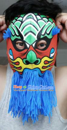Chinese Traditional Sichuan Opera Prop Face Changing Blue Tassel Masks Handmade Painting Facial Makeup