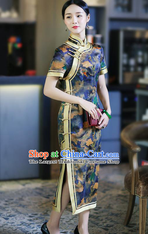 Chinese Traditional Tang Suit Printing Lotus Blue Silk Qipao Dress National Costume Cheongsam for Women