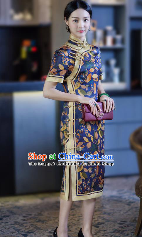 Chinese Traditional Tang Suit Printing Leat Blue Silk Qipao Dress National Costume Cheongsam for Women