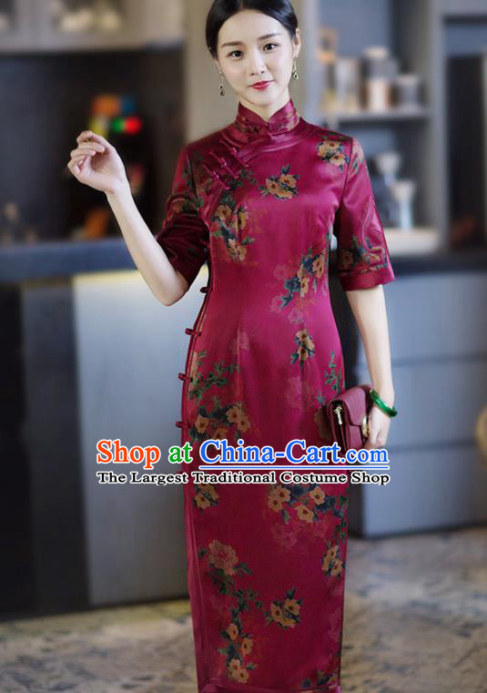 Chinese Traditional Tang Suit Printing Rosy Silk Qipao Dress National Costume Cheongsam for Women