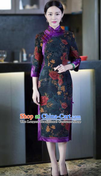 Chinese Traditional Tang Suit Atrovirens Silk Qipao Dress National Costume Cheongsam for Women