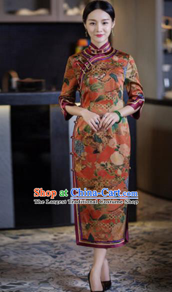 Chinese Traditional Tang Suit Qipao Dress National Costume Printing Orange Cheongsam for Women