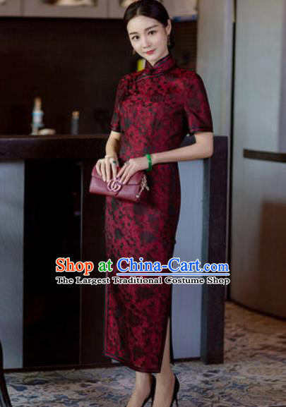 Chinese Traditional Tang Suit Qipao Dress National Costume Purplish Red Silk Cheongsam for Women