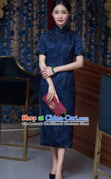 Chinese Traditional Tang Suit Qipao Dress National Costume Navy Silk Cheongsam for Women