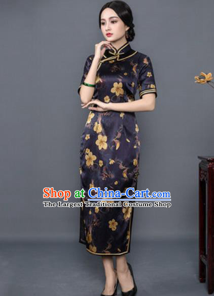 Chinese Traditional Printing Purple Silk Cheongsam Tang Suit Qipao Dress National Costume for Women