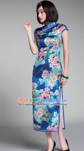 Chinese Traditional Printing Flowers Blue Cheongsam Tang Suit Qipao Dress National Costume for Women