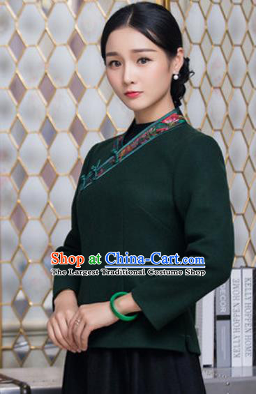 Chinese Traditional Tang Suit Upper Outer Garment Qipao Deep Green Blouse National Costume for Women