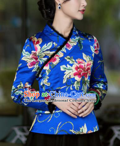 Chinese Traditional Tang Suit Upper Outer Garment Printing Peony Royalblue Silk Jacket National Costume for Women