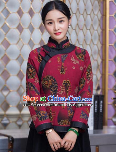 Chinese Traditional Tang Suit Upper Outer Garment Qipao Wine Red Jacket National Costume for Women