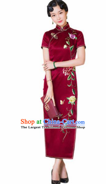 Chinese Traditional Embroidered Peony Wine Red Cheongsam Tang Suit Qipao Dress National Costume for Women