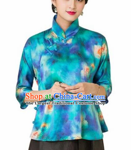 Chinese Traditional Tang Suit Upper Outer Garment Printing Blue Silk Blouse National Costume for Women