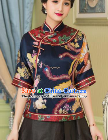 Chinese Traditional Tang Suit Upper Outer Garment Printing Phoenix Navy Silk Blouse National Costume for Women