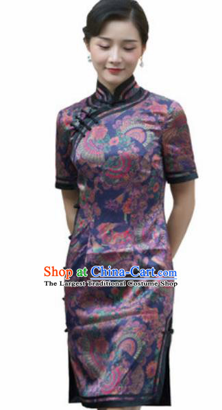 Chinese Traditional Printing Purple Silk Cheongsam Tang Suit Qipao Dress National Costume for Women