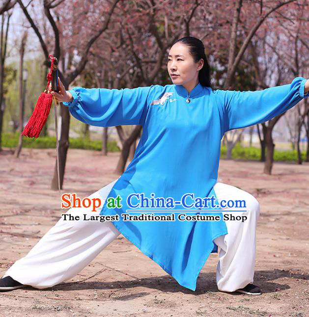 Chinese Traditional Martial Arts Costume Kung Fu Tai Chi Blue Clothing for Women