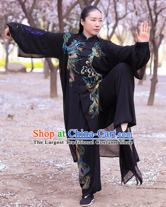 Chinese Traditional Martial Arts Costume Kung Fu Tai Chi Embroidered Phoenix Black Clothing for Women