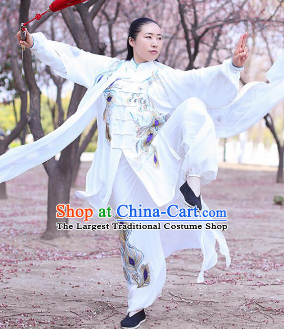 Chinese Traditional Martial Arts Costume Kung Fu Tai Chi Embroidered Phoenix White Clothing for Women