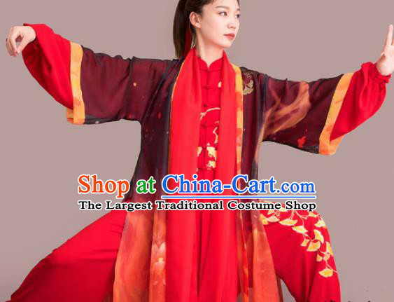 Chinese Traditional Kung Fu Competition Embroidered Ginkgo Leaf Red Costume Martial Arts Tai Chi Clothing for Women