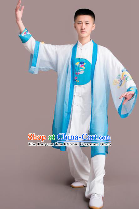 Chinese Traditional Kung Fu Competition Blue Costume Martial Arts Embroidered Clothing for Men