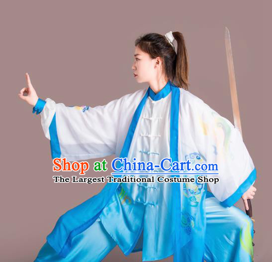 Chinese Traditional Kung Fu Competition Embroidered Clouds Blue Costume Martial Arts Tai Chi Clothing for Women