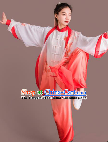 Chinese Traditional Kung Fu Competition Embroidered Flowers Red Costume Martial Arts Tai Chi Clothing for Women