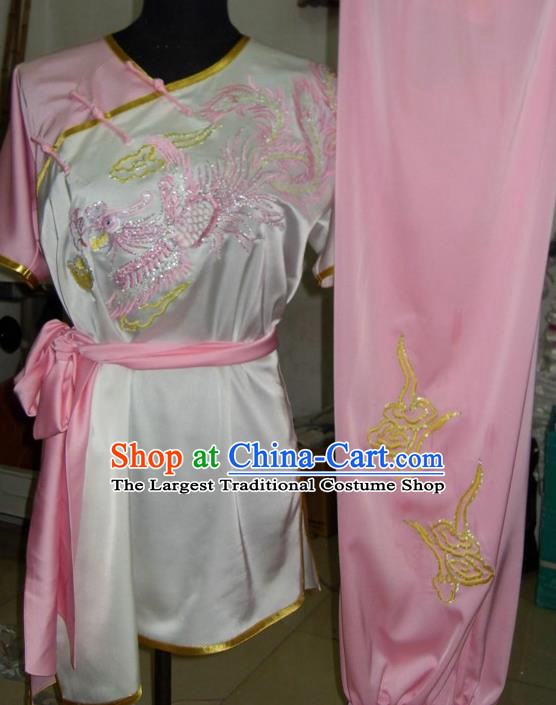 Chinese Traditional Kung Fu Costume Martial Arts Tai Chi Embroidered Dragon Pink Clothing for Women