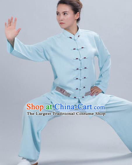 Chinese Traditional Kung Fu Competition Costume Tang Suit Tai Chi Blue Clothing for Women