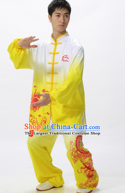 Chinese Traditional Kung Fu Competition Printing Peony Yellow Costume Tai Chi Martial Arts Clothing for Men