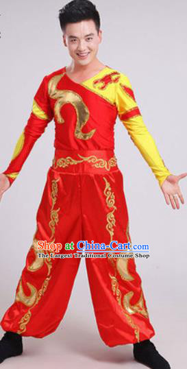 Chinese Traditional Drum Dance Red Costume Folk Dance Stage Performance Clothing for Men