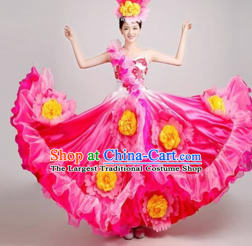 Chinese Traditional Opening Dance Peony Dance Rosy Dress Spring Festival Gala Stage Performance Costume for Women