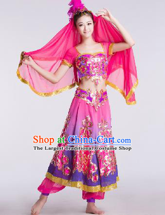 Chinese Traditional Ethnic Dance Costume Uyghur Nationality Dance Stage Performance Rosy Dress for Women