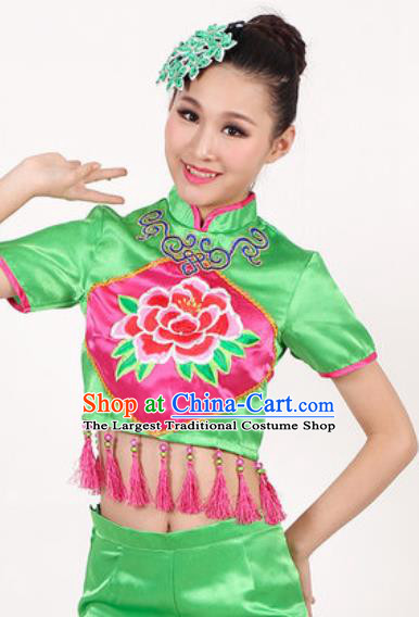 Chinese Traditional Folk Dance Costume Drum Dance Yangko Stage Performance Green Clothing for Women