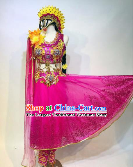 Chinese Traditional Ethnic Dance Costume Indian Dance Stage Performance Rosy Dress for Women