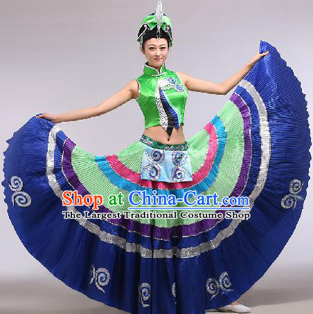 Chinese Traditional Ethnic Dance Costume Yi Nationality Stage Performance Green Dress for Women