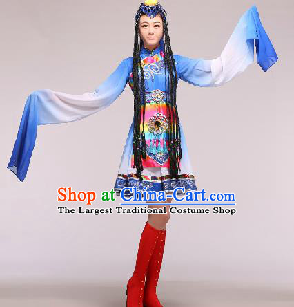 Chinese Traditional Ethnic Dance Costume Zang Nationality Dance Stage Performance Blue Dress for Women