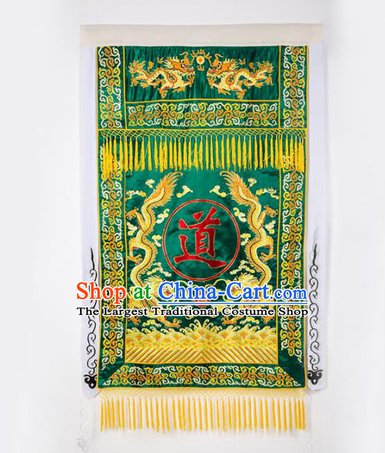 Chinese Traditional Taoism Feng Shui Items National Taoist Embroidered Dragons Green Flag