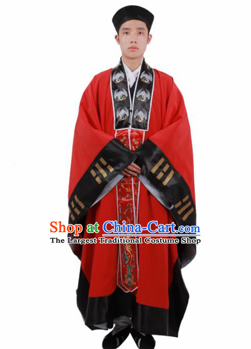 Chinese Traditional Taoism Costume National Taoist Priest Embroidered Cranes Bagua Red Cassock for Men