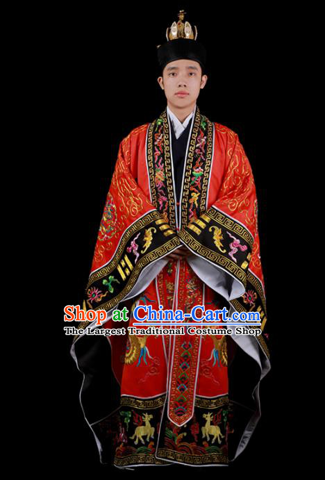 Chinese Traditional Taoism Costume National Taoist Priest Embroidered Cranes Dragons Red Cassock for Men