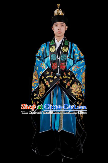 Chinese National Taoist Priest Embroidered Dragons Blue Cassock Traditional Taoism Costume for Men