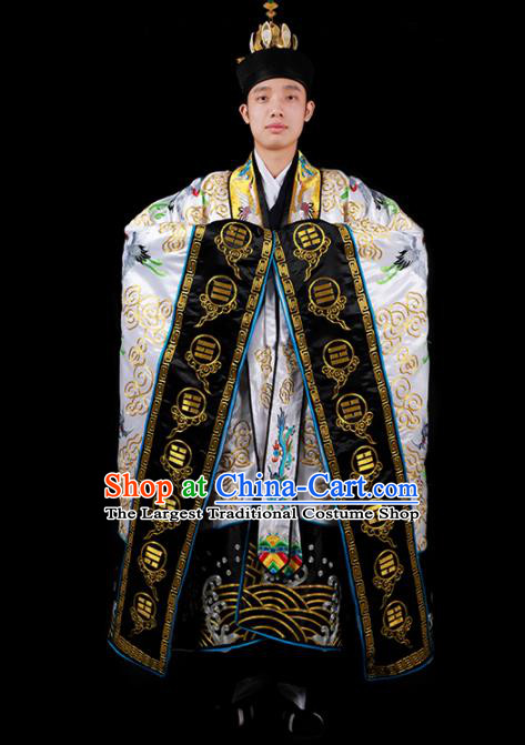 Chinese National Taoist Priest Embroidered Cranes White Cassock Traditional Taoism Costume for Men