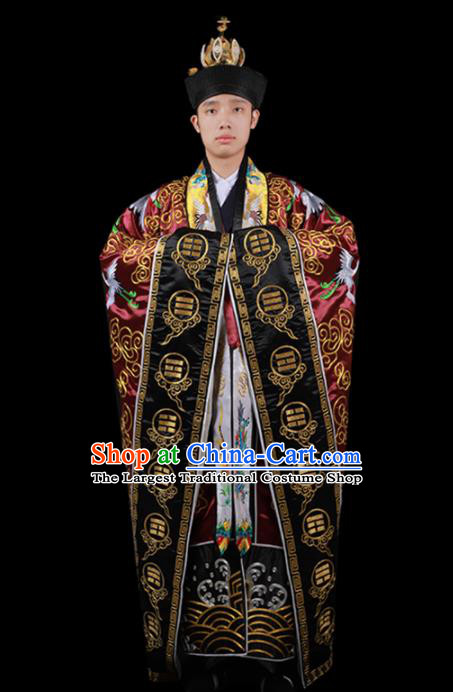 Chinese National Taoist Priest Embroidered Crane Wine Red Cassock Traditional Taoism Rites Costume for Men