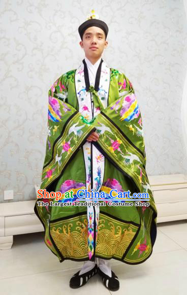 Chinese National Taoism Embroidered Cranes Green Cassock Traditional Taoist Priest Rites Costume for Men