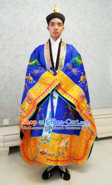 Chinese National Taoism Embroidered Dragons Blue Cassock Traditional Taoist Priest Rites Costume for Men