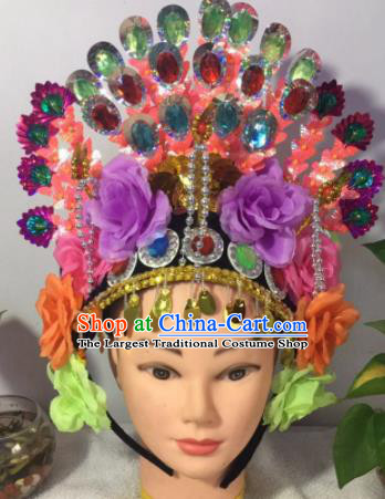 Chinese Traditional Beijing Opera Peri Purple Peony Phoenix Coronet Headwear Peking Opera Diva Hair Accessories for Kids