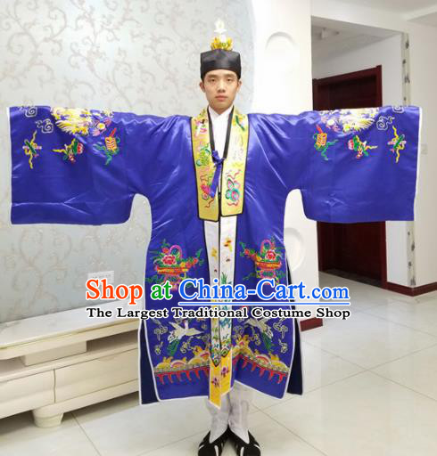 Chinese National Taoism Embroidered Royalblue Cassock Traditional Taoist Priest Rites Costume for Men