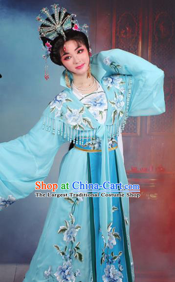 Chinese Traditional Shaoxing Opera Queen Embroidered Blue Dress Beijing Opera Hua Dan Costume for Women