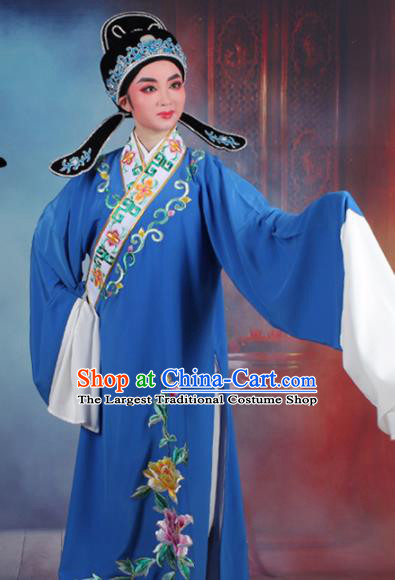 Chinese Traditional Peking Opera Niche Embroidered Peony Blue Robe Beijing Opera Scholar Costume for Men