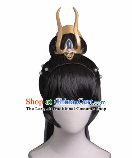 Chinese Traditional Cosplay Female Knight Wigs Ancient Swordswoman Wig Sheath and Hairpins Hair Accessories for Women