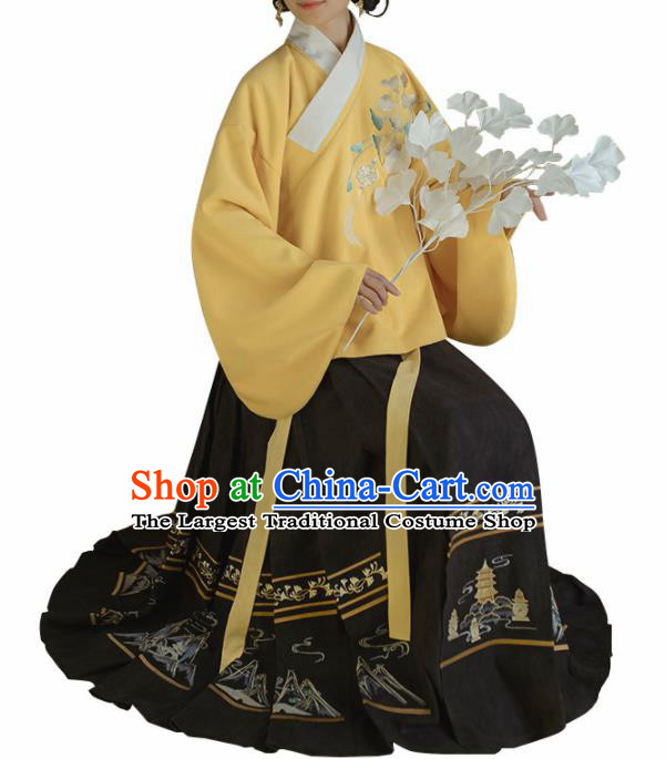 Chinese Traditional Ming Dynasty Yellow Blouse and Black Skirt Ancient Nobility Lady Costume for Women