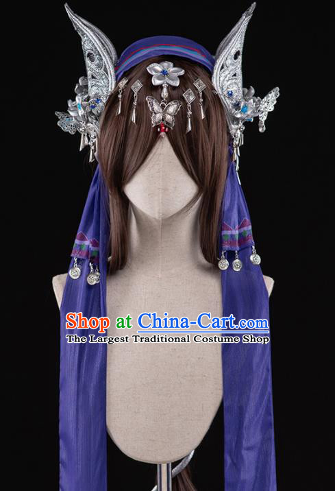 Chinese Traditional Cosplay Peri Heroine Wigs Ancient Swordswoman Wig Sheath and Hairpins Hair Accessories for Women