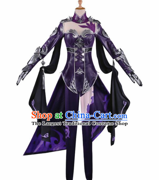 Traditional Halloween Cosplay Swordswoman Costume Chinese Ancient Princess Purple Hanfu Dress for Women